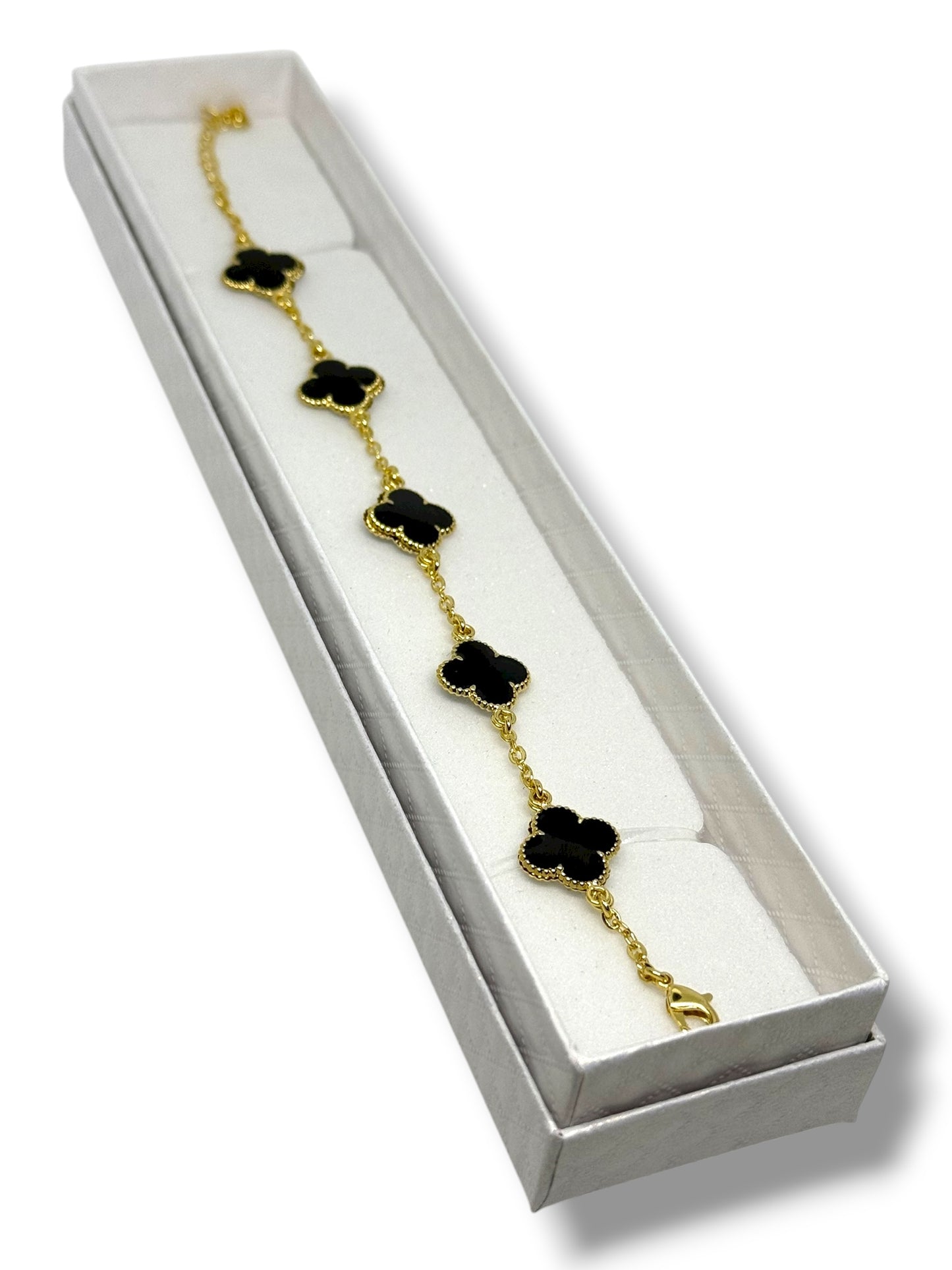 Pulsera Ajustable Flor Marca Trébol Chapa Oro Laminado 14k (Negro)