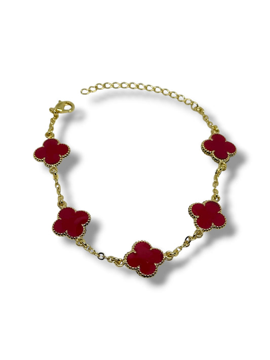 Pulsera Ajustable Flor Marca Trébol Chapa Oro Laminado 14k (Rojo)