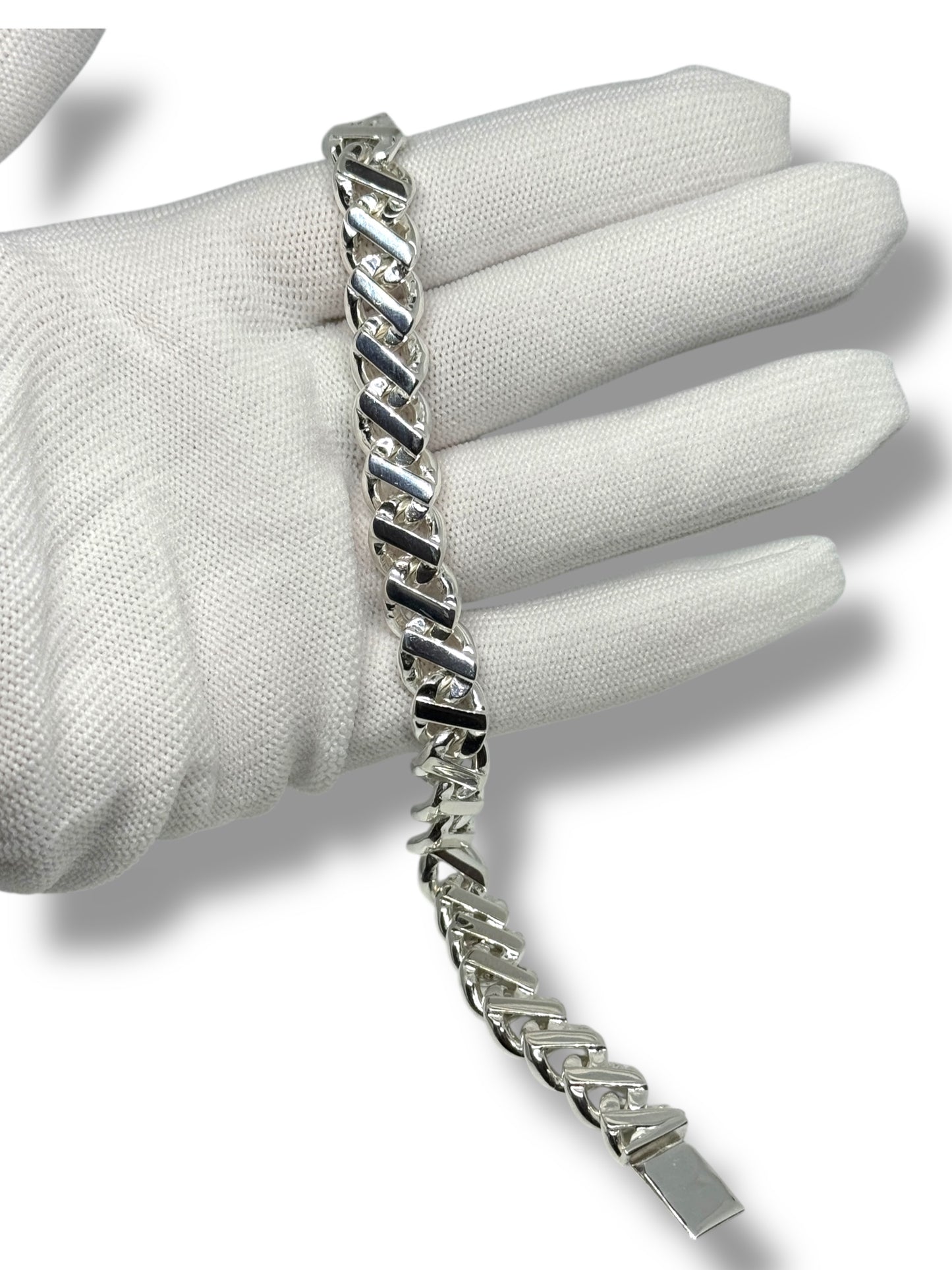 Pulso O Pulsera Tejido Barbado De Plata 925 Diamantada 21cm