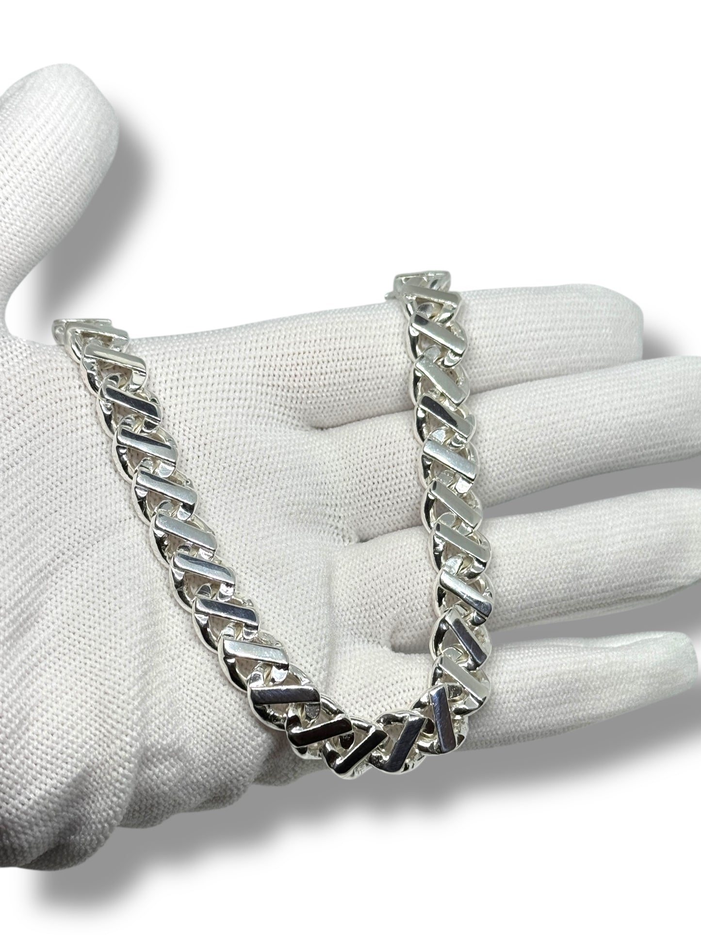 Pulso O Pulsera Tejido Barbado De Plata 925 Diamantada 21cm