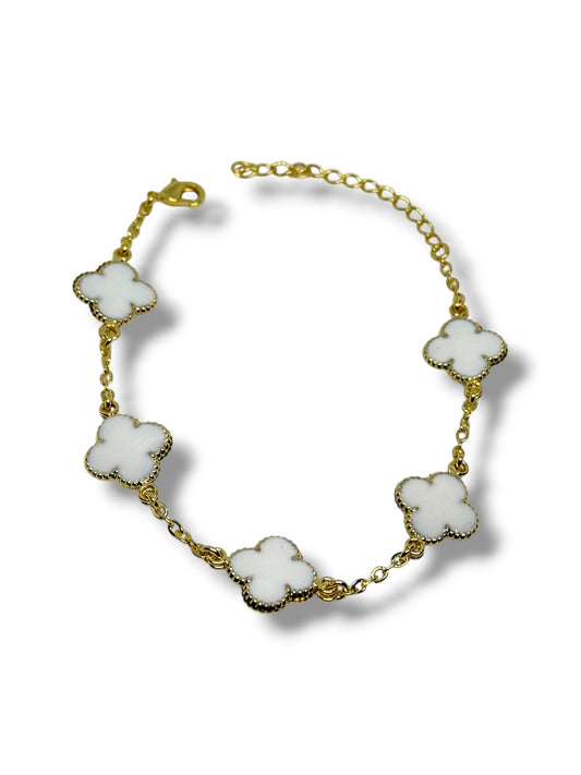 Pulsera Ajustable Flor Marca Trébol Chapa Oro Laminado 14k (Blanco)