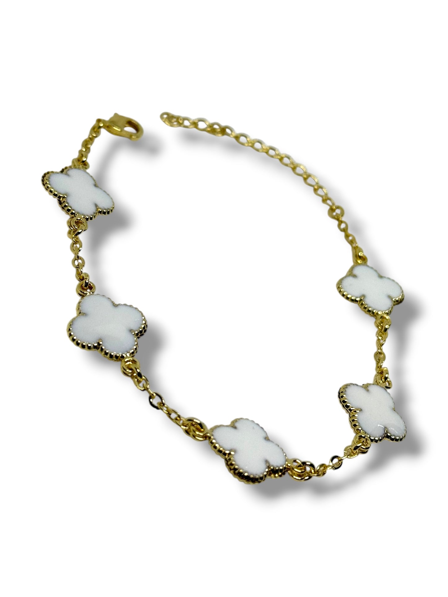Pulsera Ajustable Flor Marca Trébol Chapa Oro Laminado 14k (Blanco)