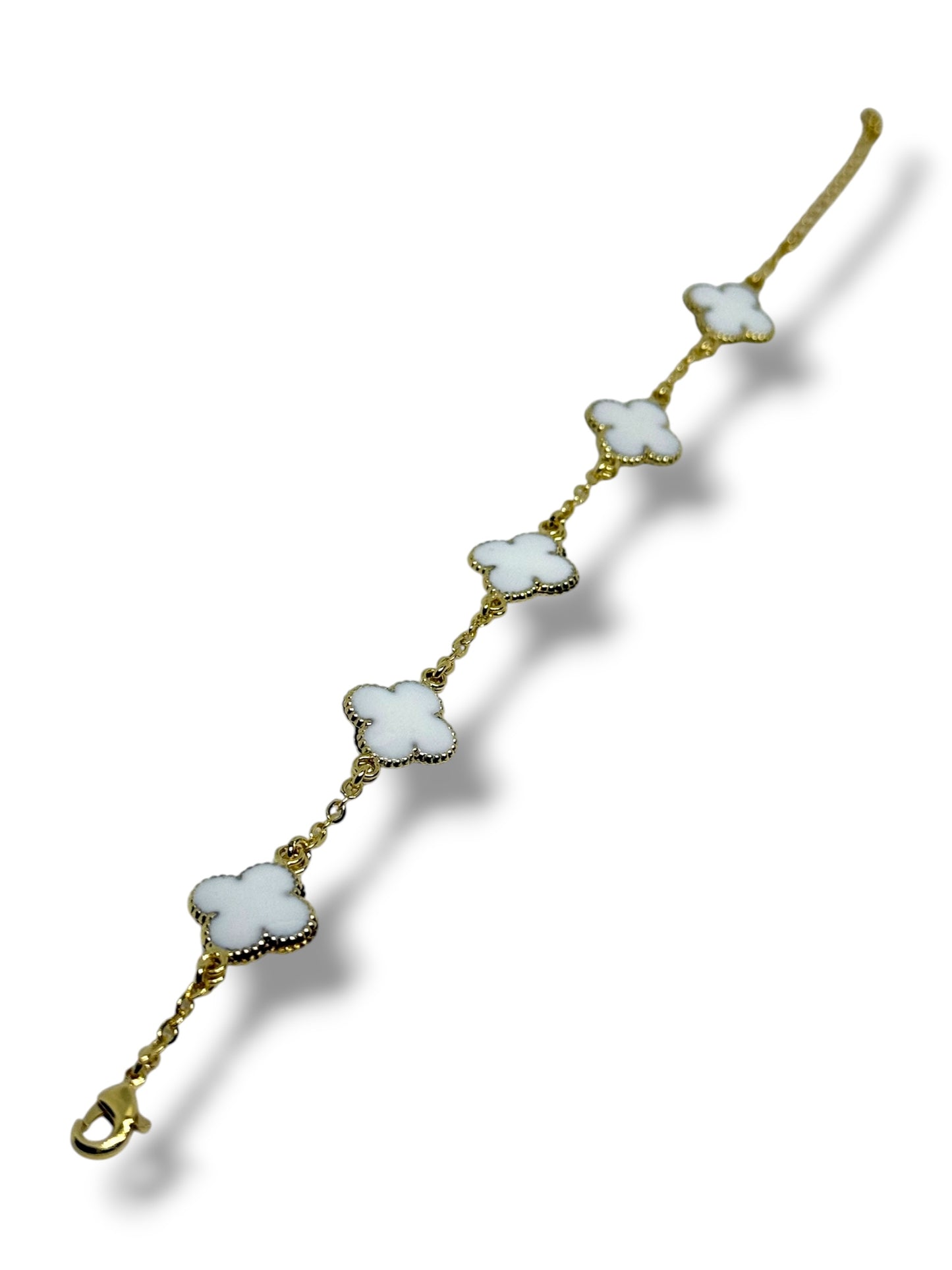 Pulsera Ajustable Flor Marca Trébol Chapa Oro Laminado 14k (Blanco)