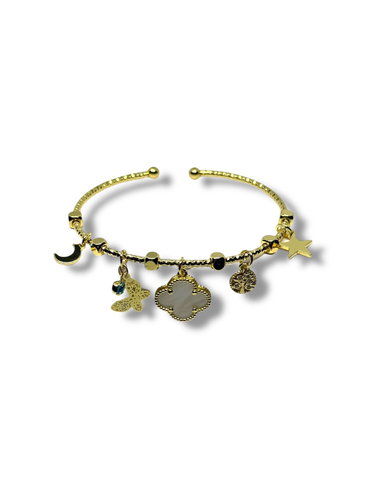 Pulsera O Aro Dijes Trébol Blanco Chapa De Oro Laminado 14k