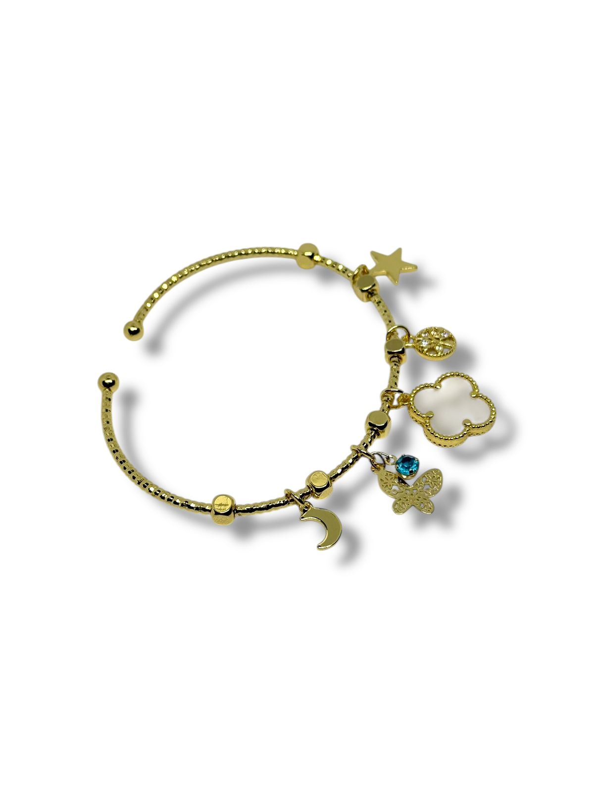 Pulsera O Aro Dijes Trébol Blanco Chapa De Oro Laminado 14k