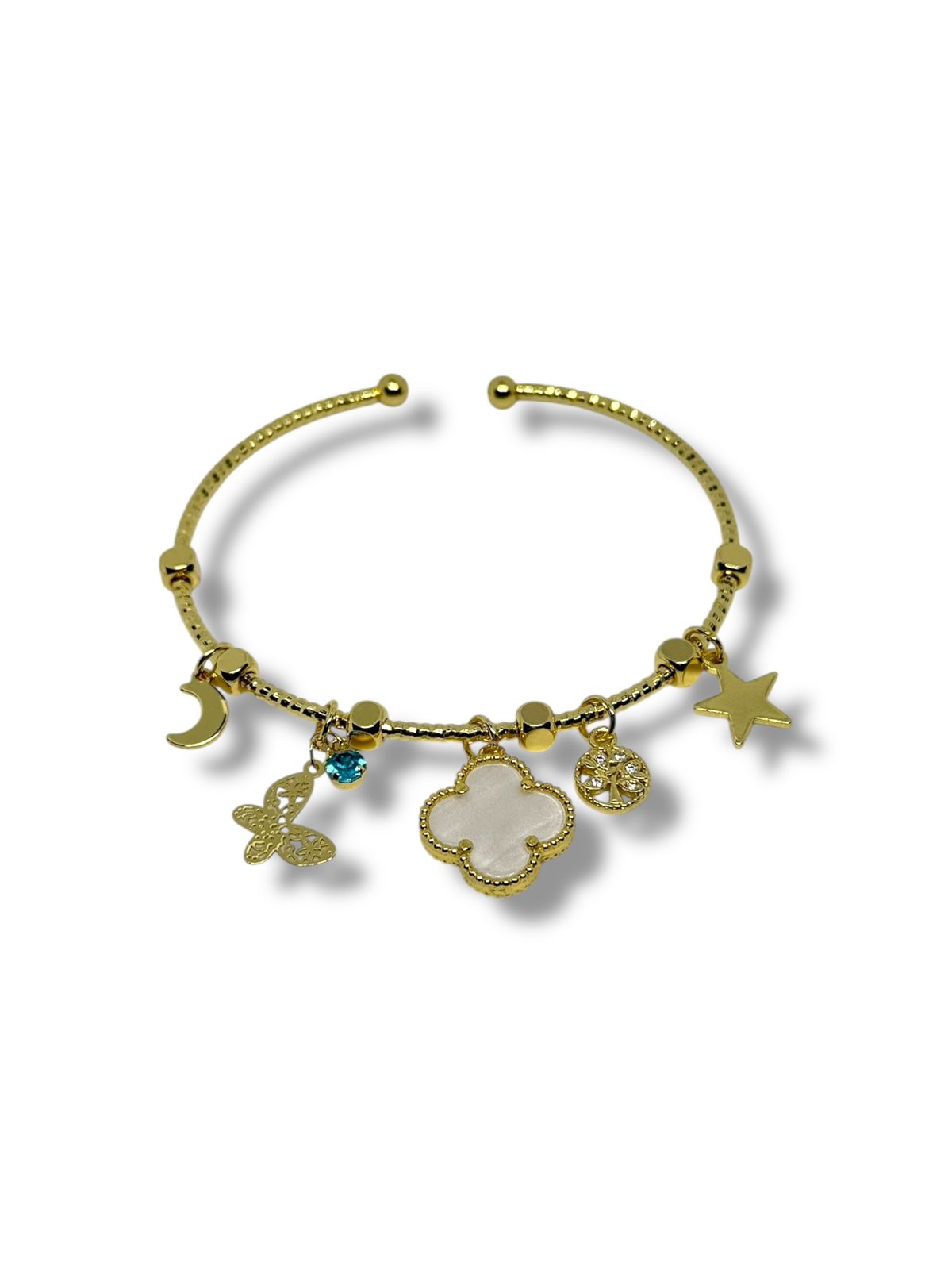 Pulsera O Aro Dijes Trébol Blanco Chapa De Oro Laminado 14k